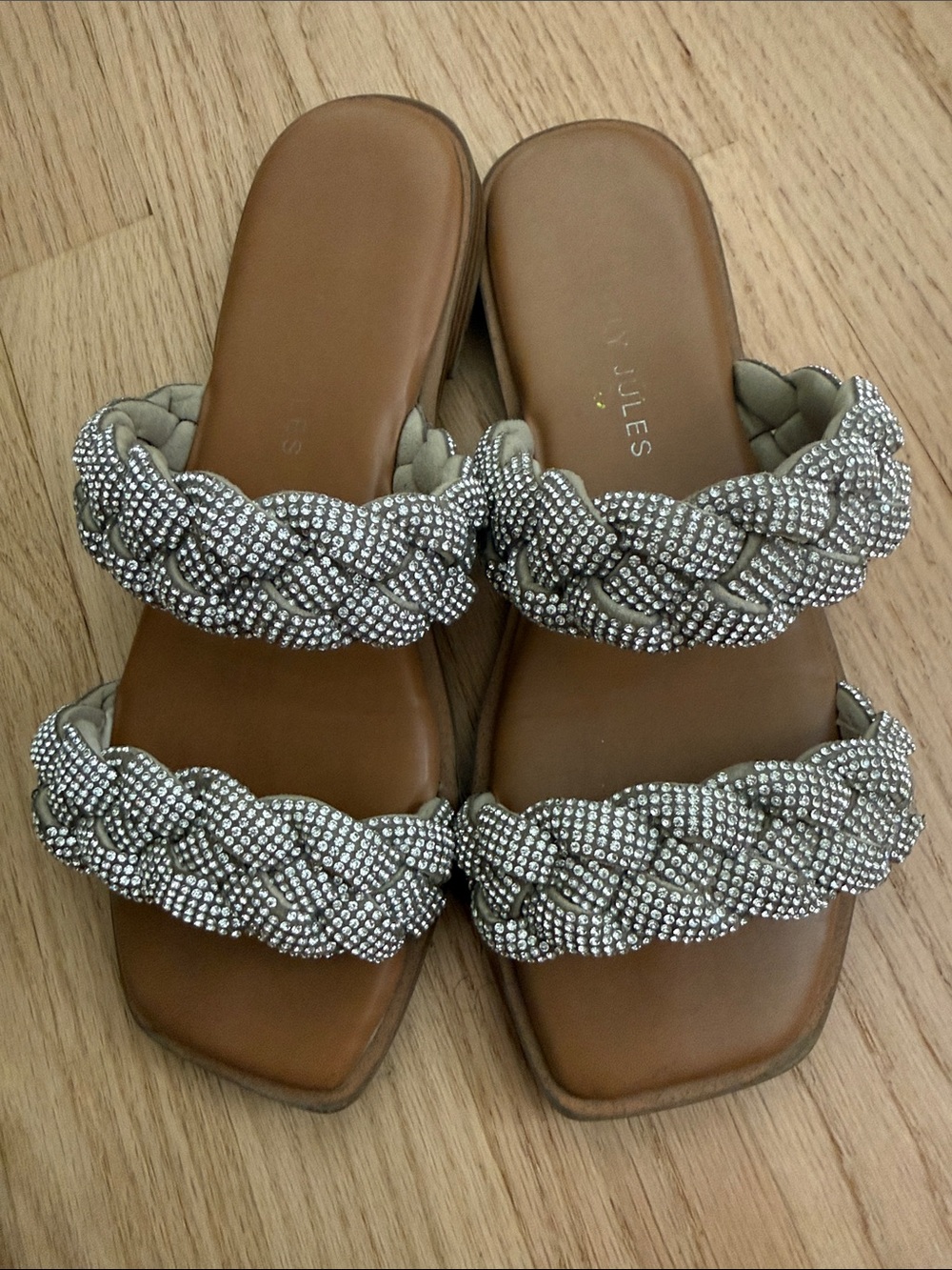 Sincerely Jules Silver Braided Crystal Double-Strap Slide Mules